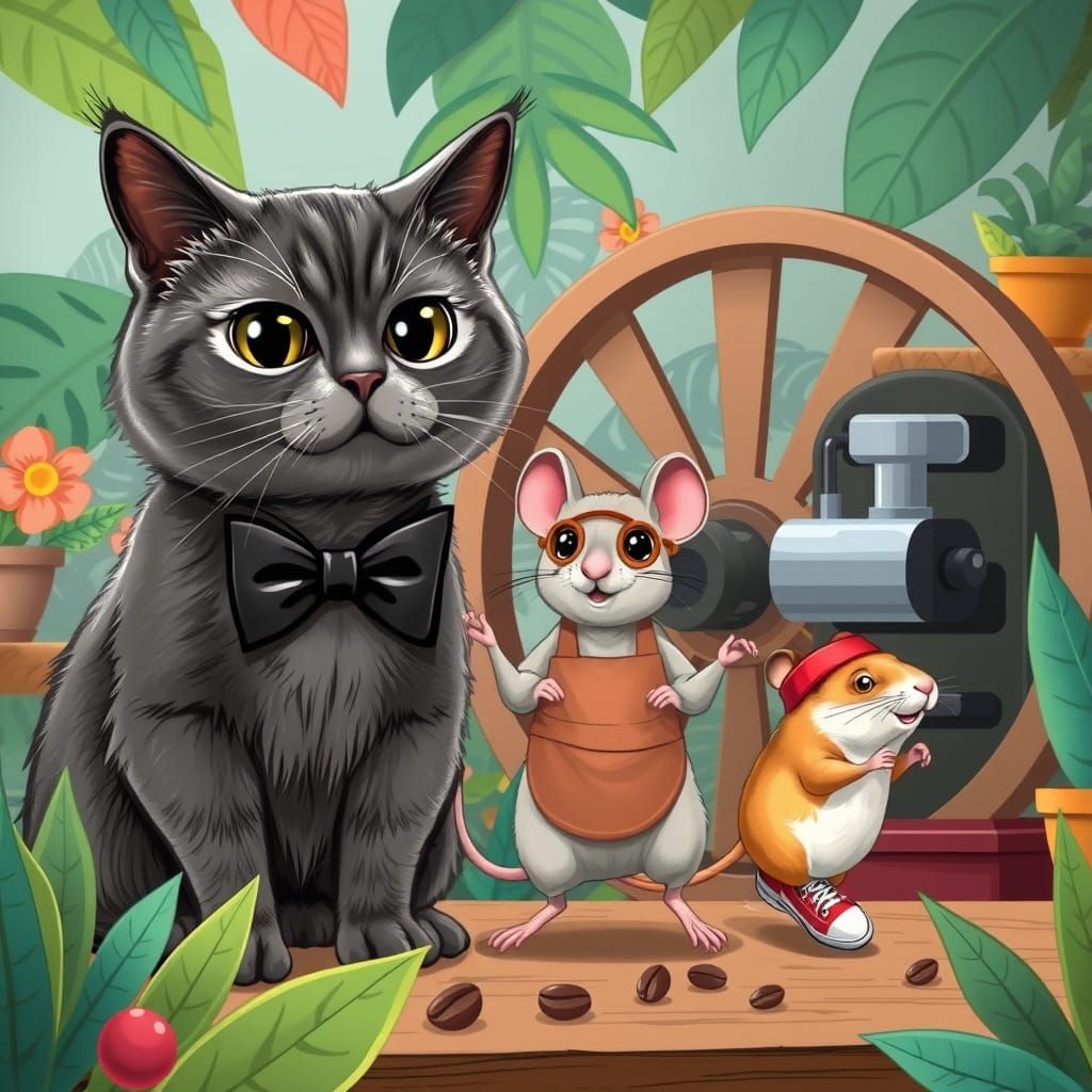 Cartoon Cat Cafe Scene in Whimsical Style
