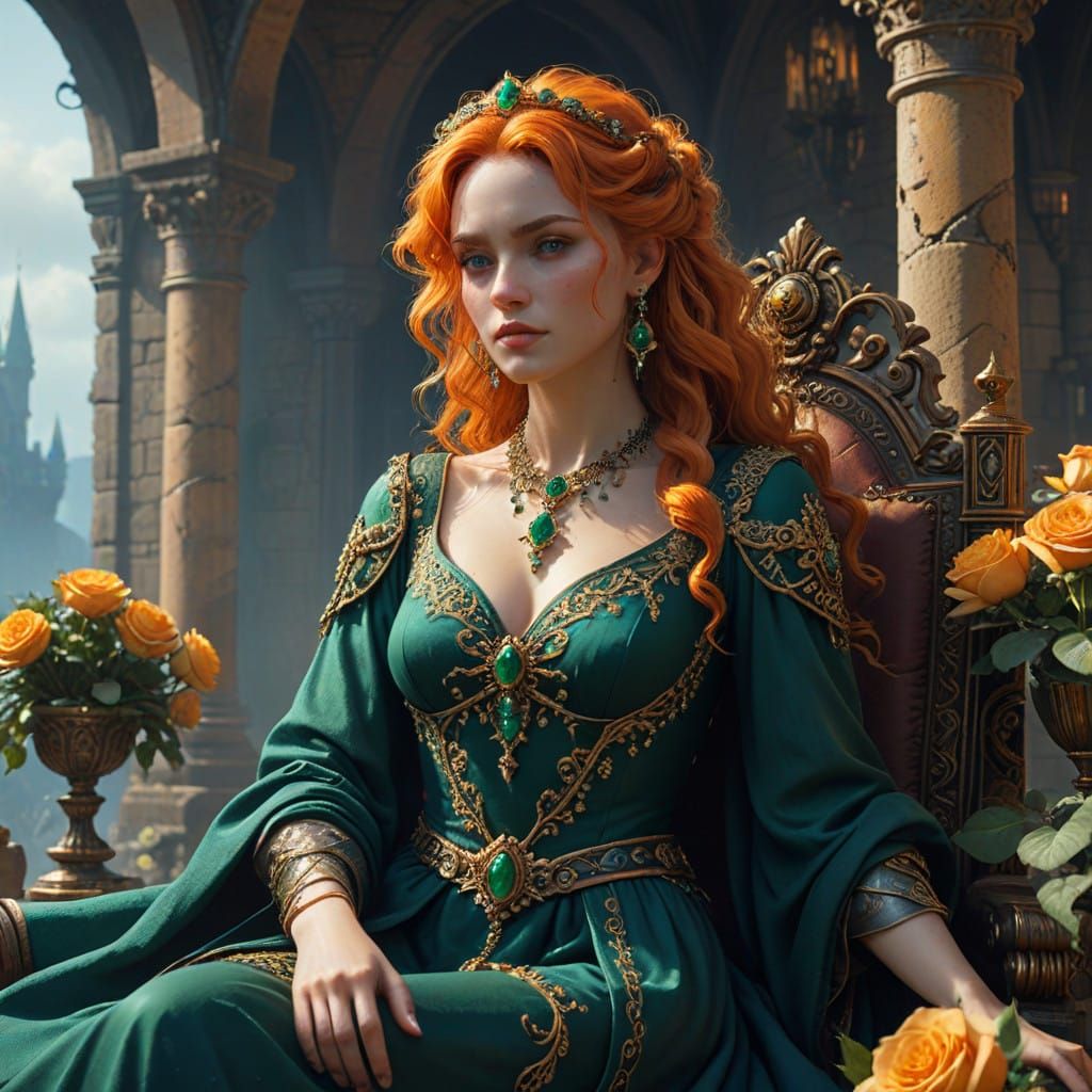 Regal Queen in Medieval-Inspired Castle with Opulent Details