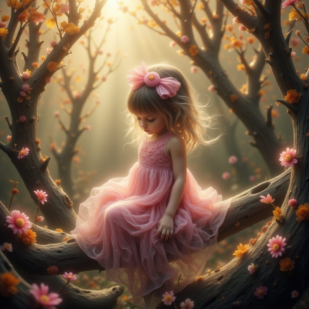 Girl in Pink Dress in Surreal Autumn Jungle