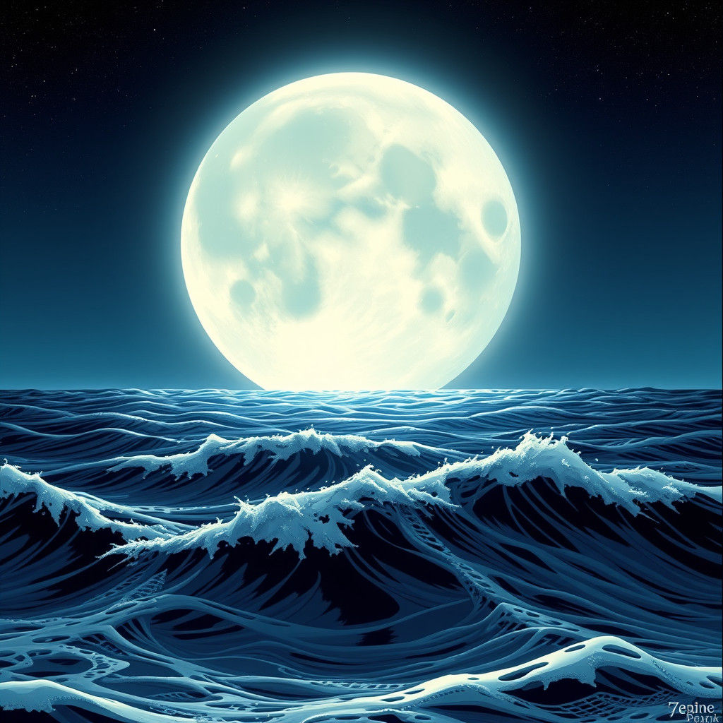 Moonrise Over the Ocean in Comic Book Style