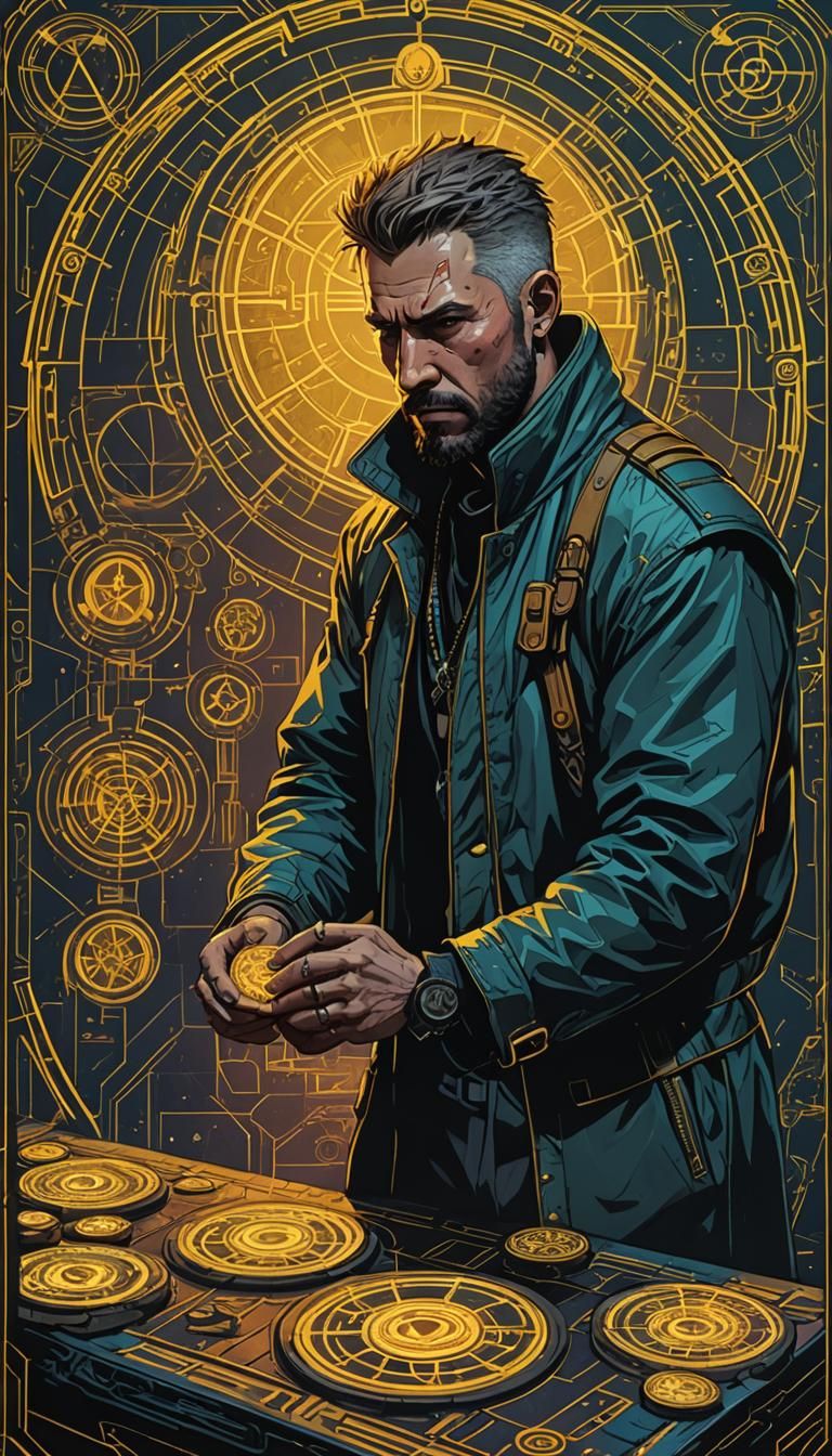 Six of Pentacles Tarot Card in Cyberpunk Style