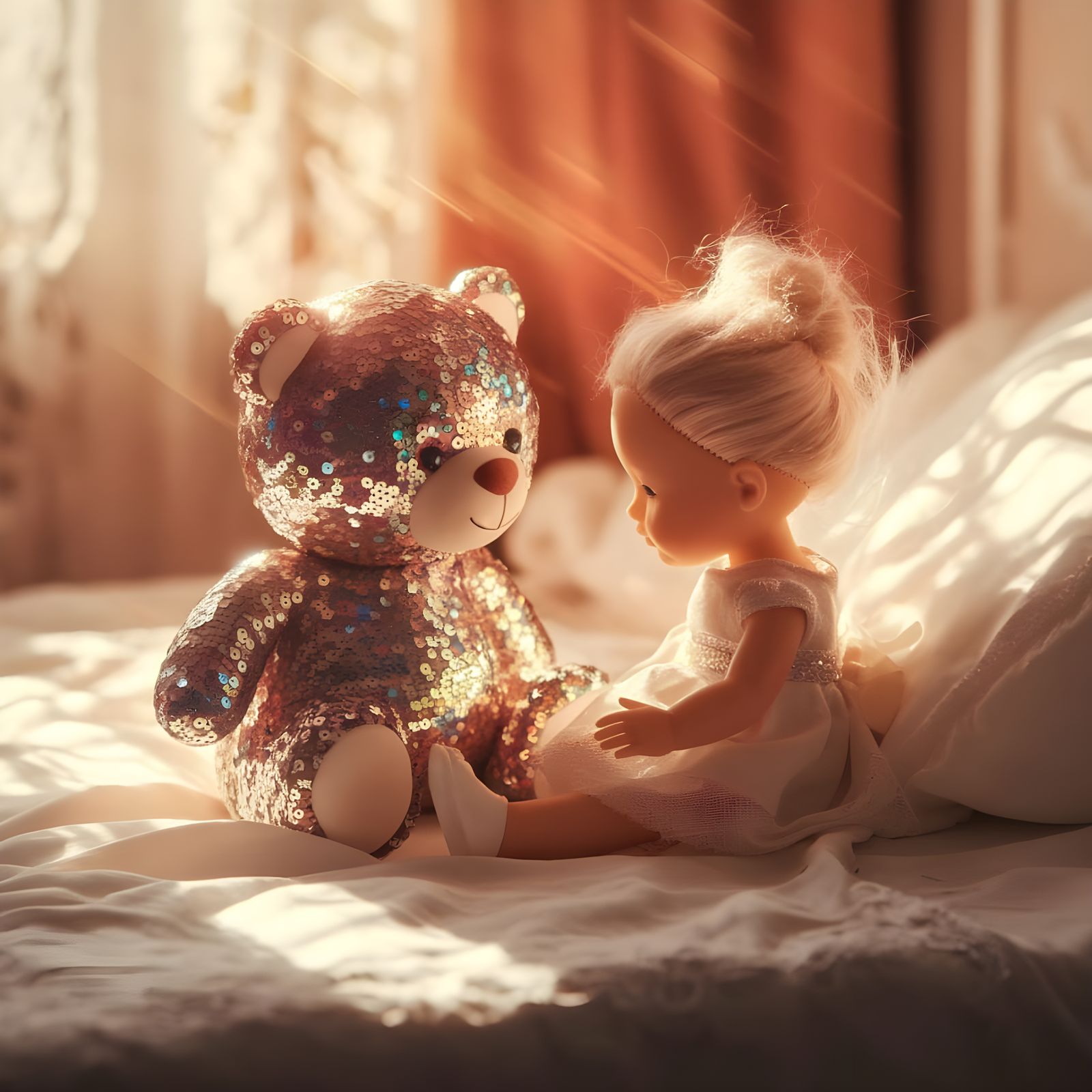 Softly Lit Teddy Bear Friends in a Cozy Sunlit Bedroom