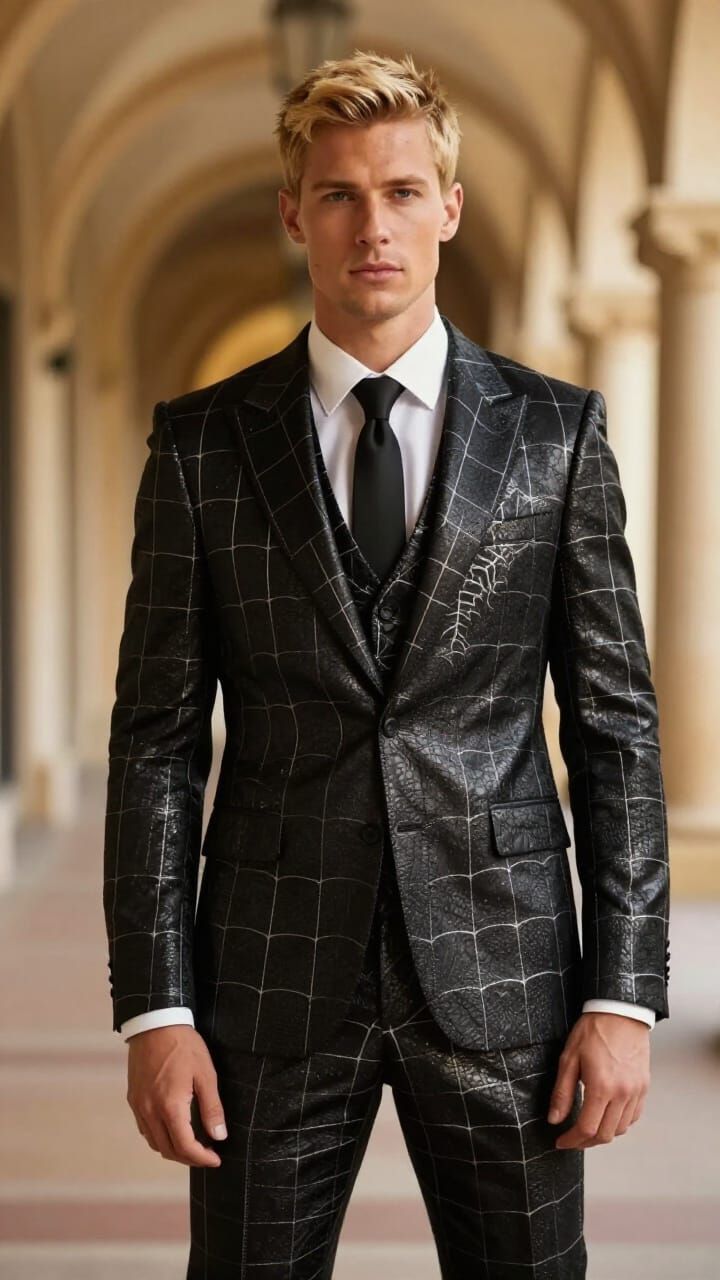 Man in Ornate Black Suit in Arched Corridor