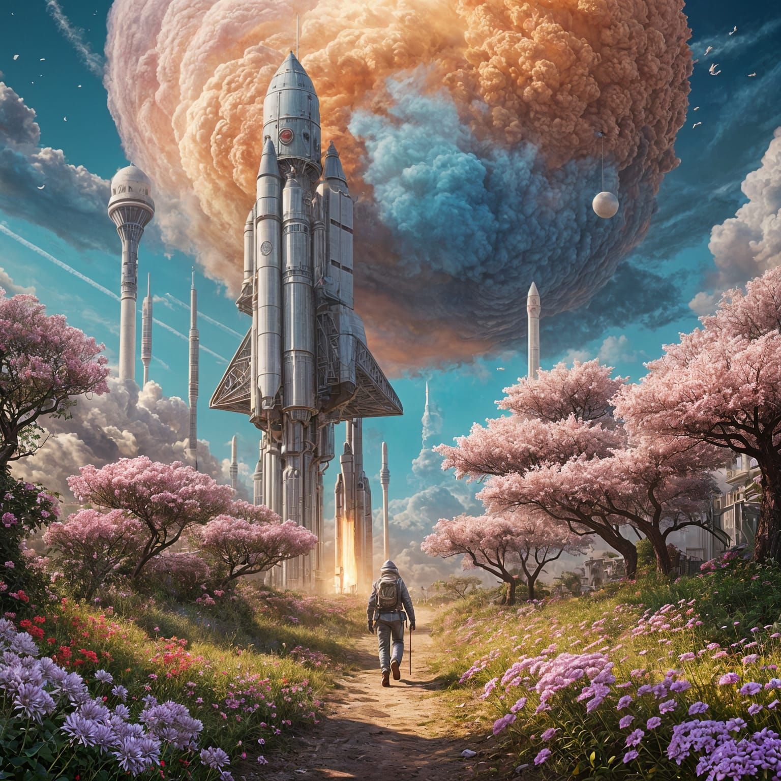 Retrofuturistic Flower Rocket Launch in Ethereal Landscape