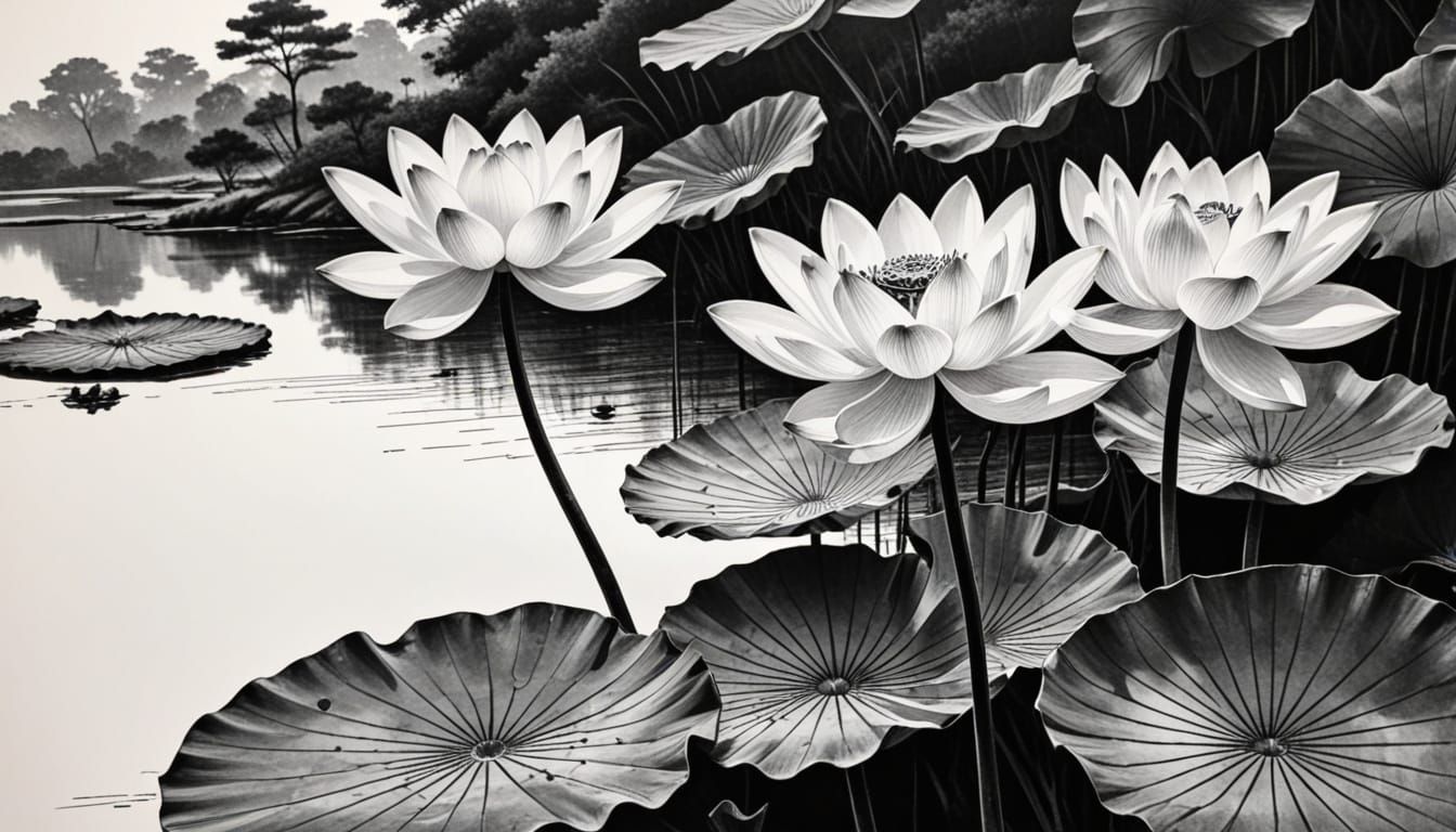 Colorful Lotus Flower in Japanese Ink Drawing