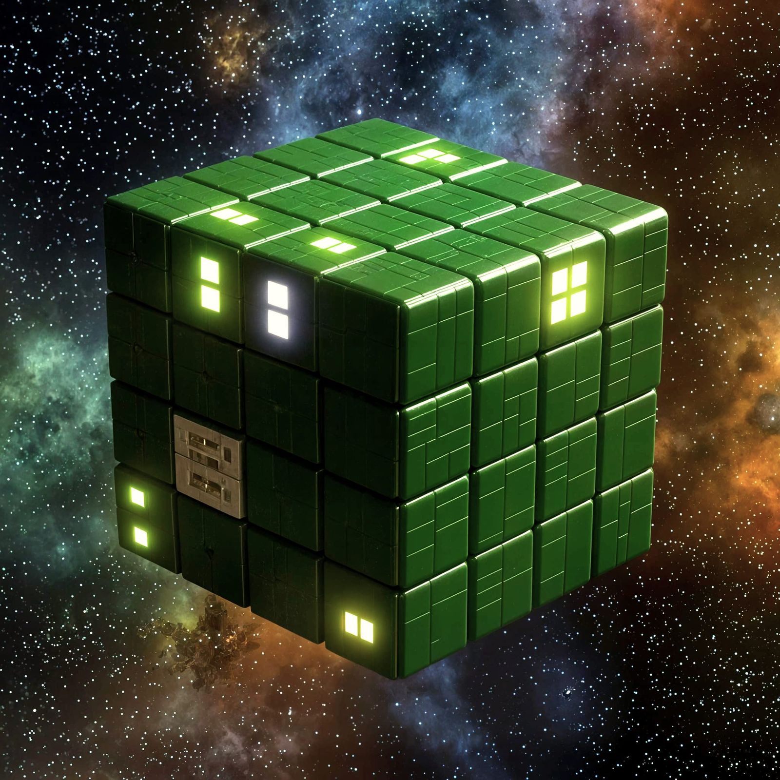 Sci-Fi Borg Cube Hybridized with Rubik's Cube in Photorealis...