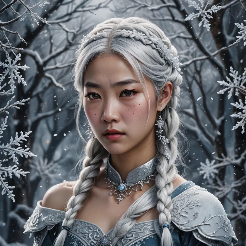 Icy Asian Woman Portrait in Hyperrealistic Style