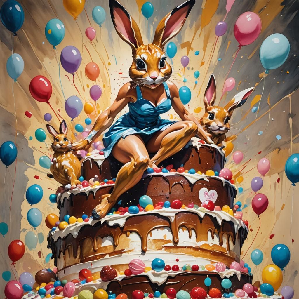 Model Emerges From Bunny Cake, Impressionist Gouache