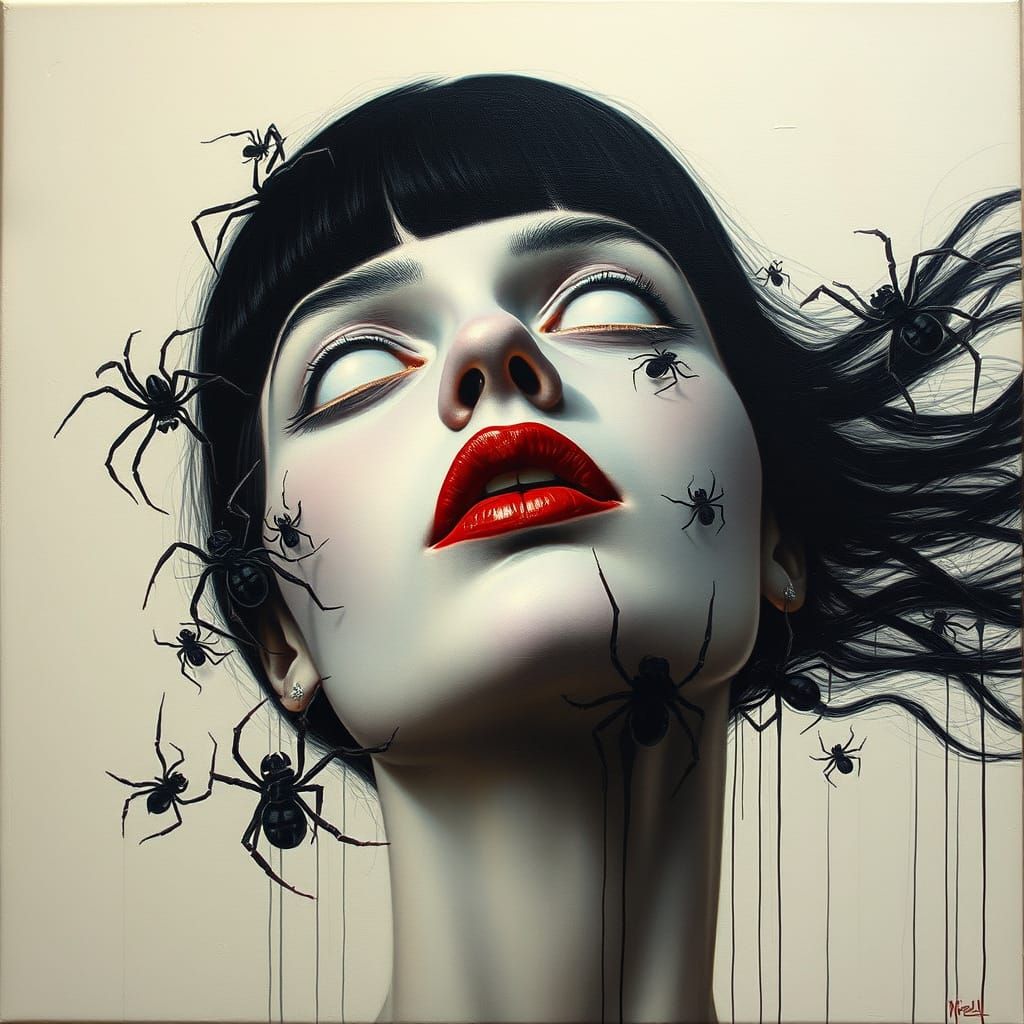 Surreal Portrait: Woman with Spiders, Oil on Canvas
