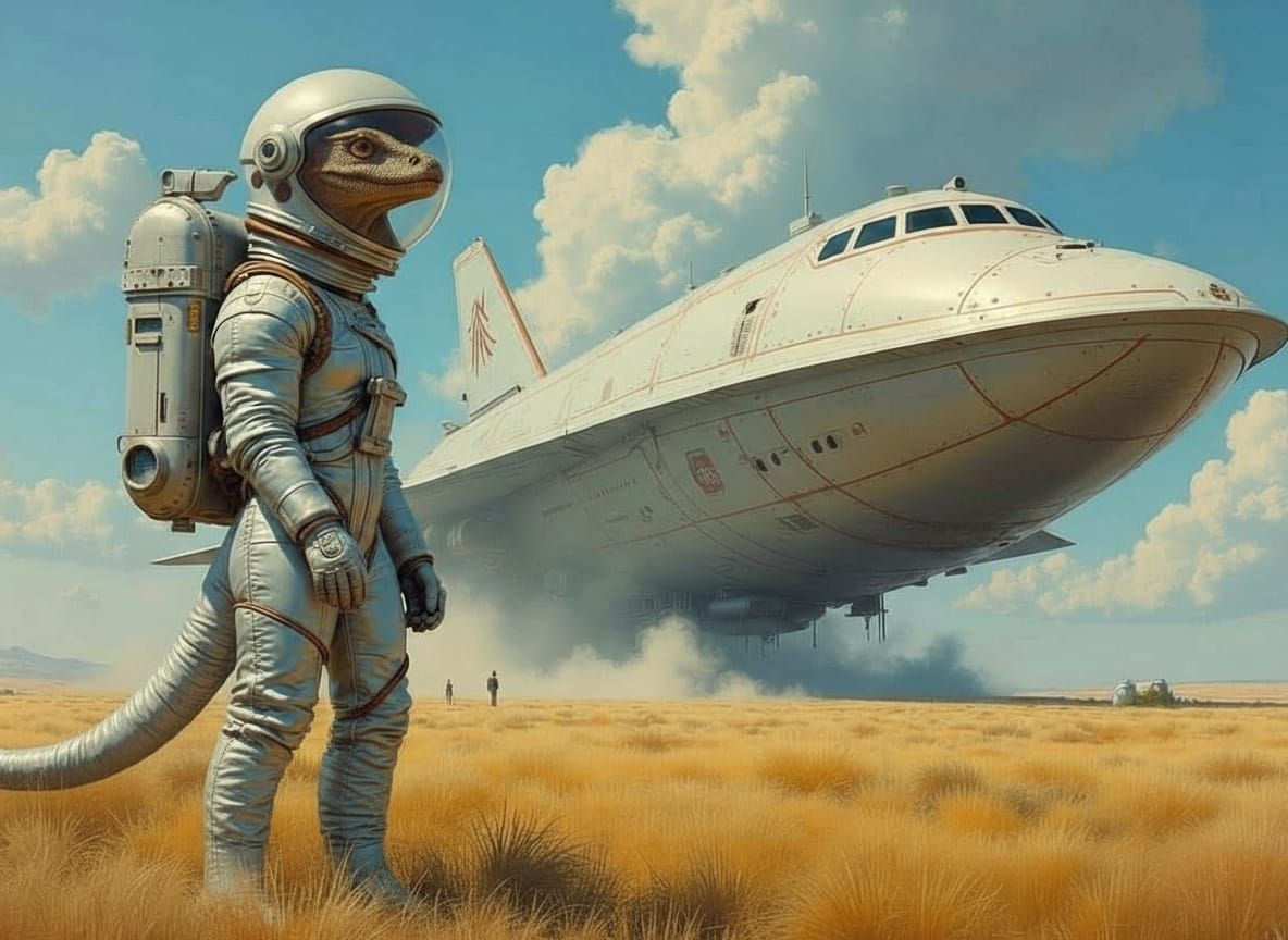 Reptilian Astronaut Lands Spaceship, Acrylic Art