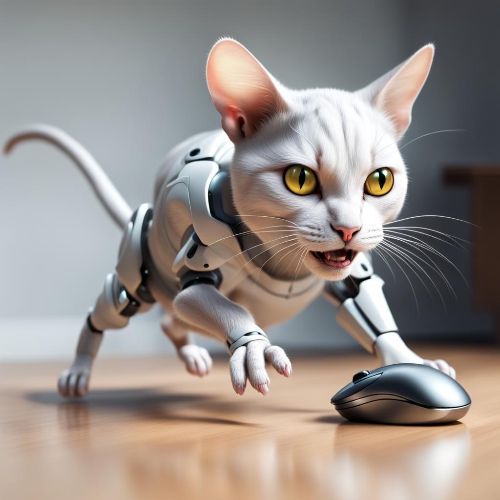 Photorealistic Cyborg Cat Chasing Cartoon Mouse