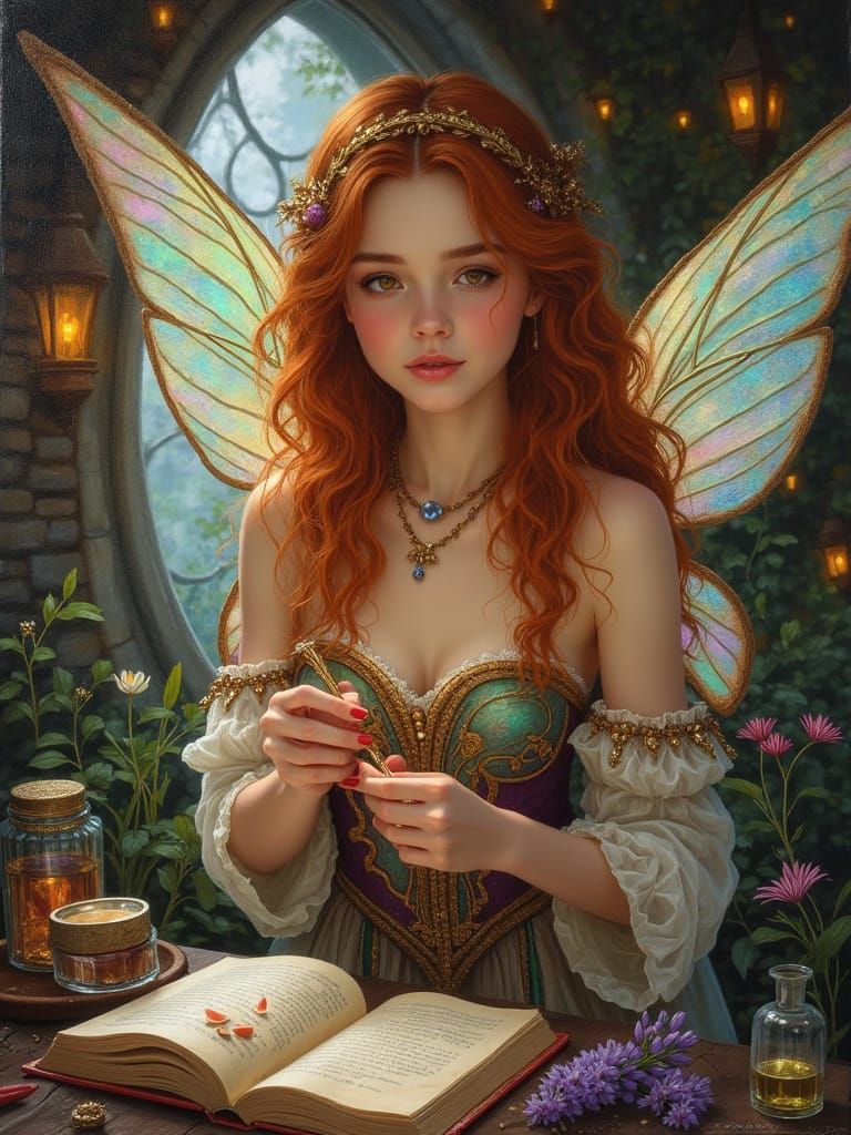 Fairy Preparing Magical Remedies in Cottage