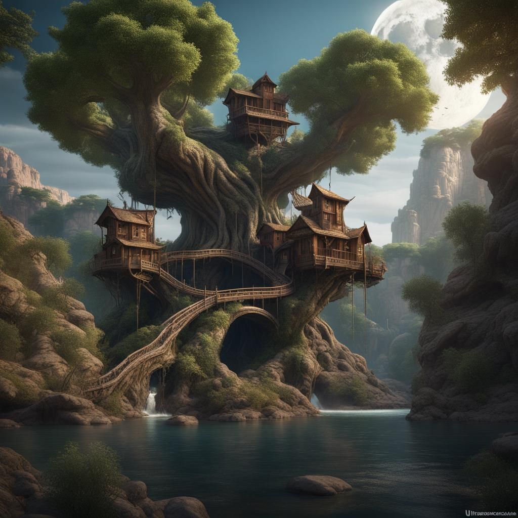 Fantasy Alien World with Dragons and Apple Trees