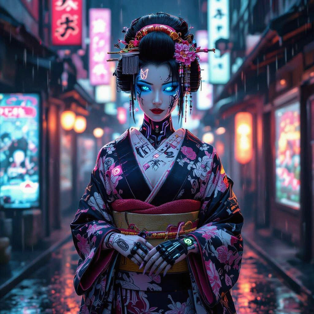 Cyberpunk Geisha in Rainy Tokyo Alleyway
