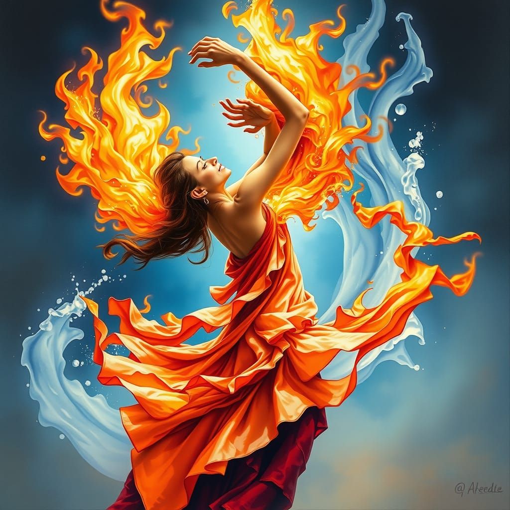 Fiery Woman Dancing with Water: Gouache Impressionism