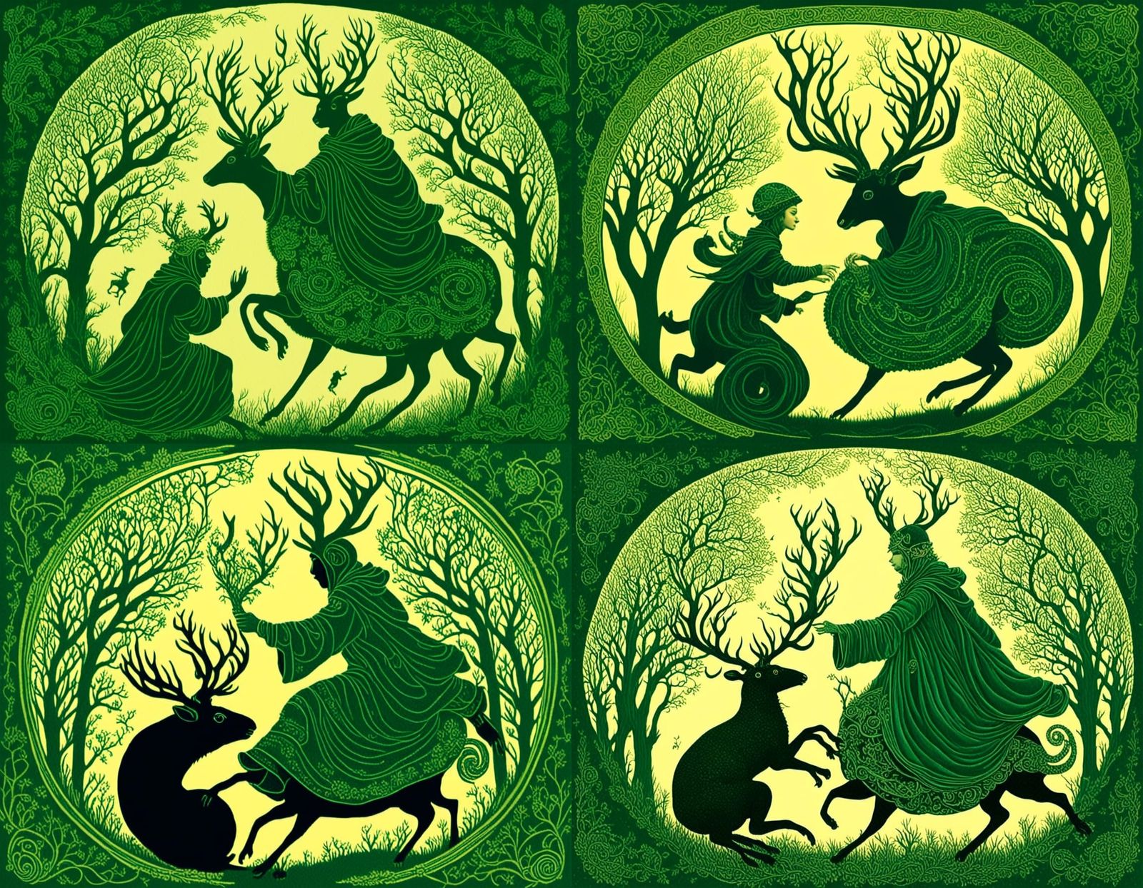 Cernunnos and Pagan Priests Dancing in Forest Light