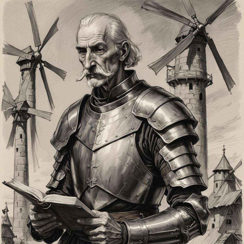 Don Quixote Fine-Line Sketch in Knight Armor