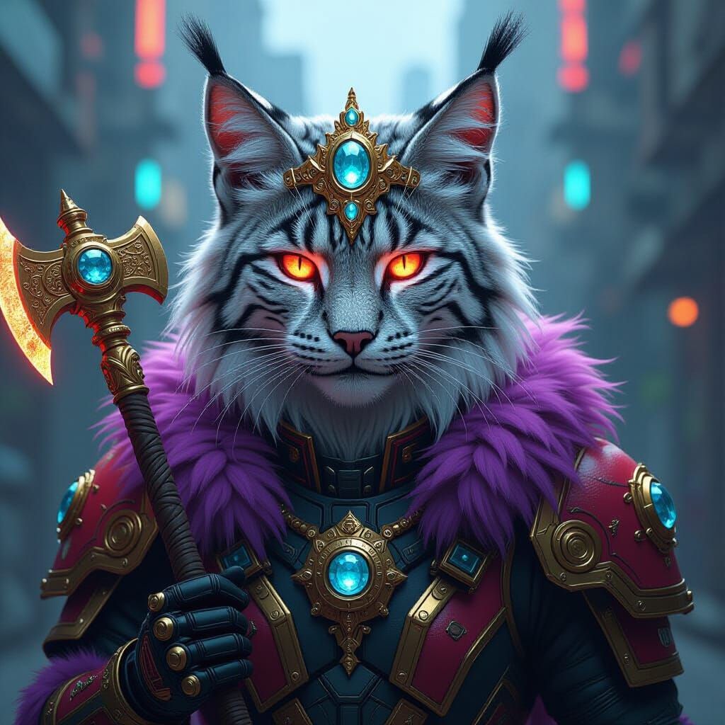 Cybernetic Lynx Creature with Golden Axe