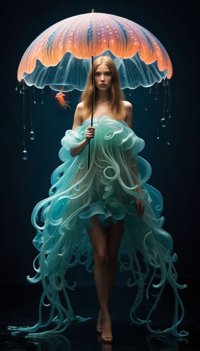 Surreal Haute Couture Beauty Holds Whimsical Jellyfish Umbre...