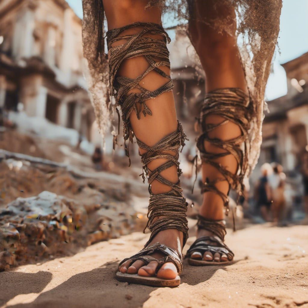 Bare Feet in Gladiator Sandals: Hyperrealistic Close-Up