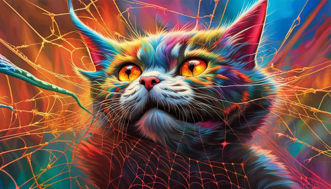 Hyperrealistic Spidercat Spinning a Colorful Web