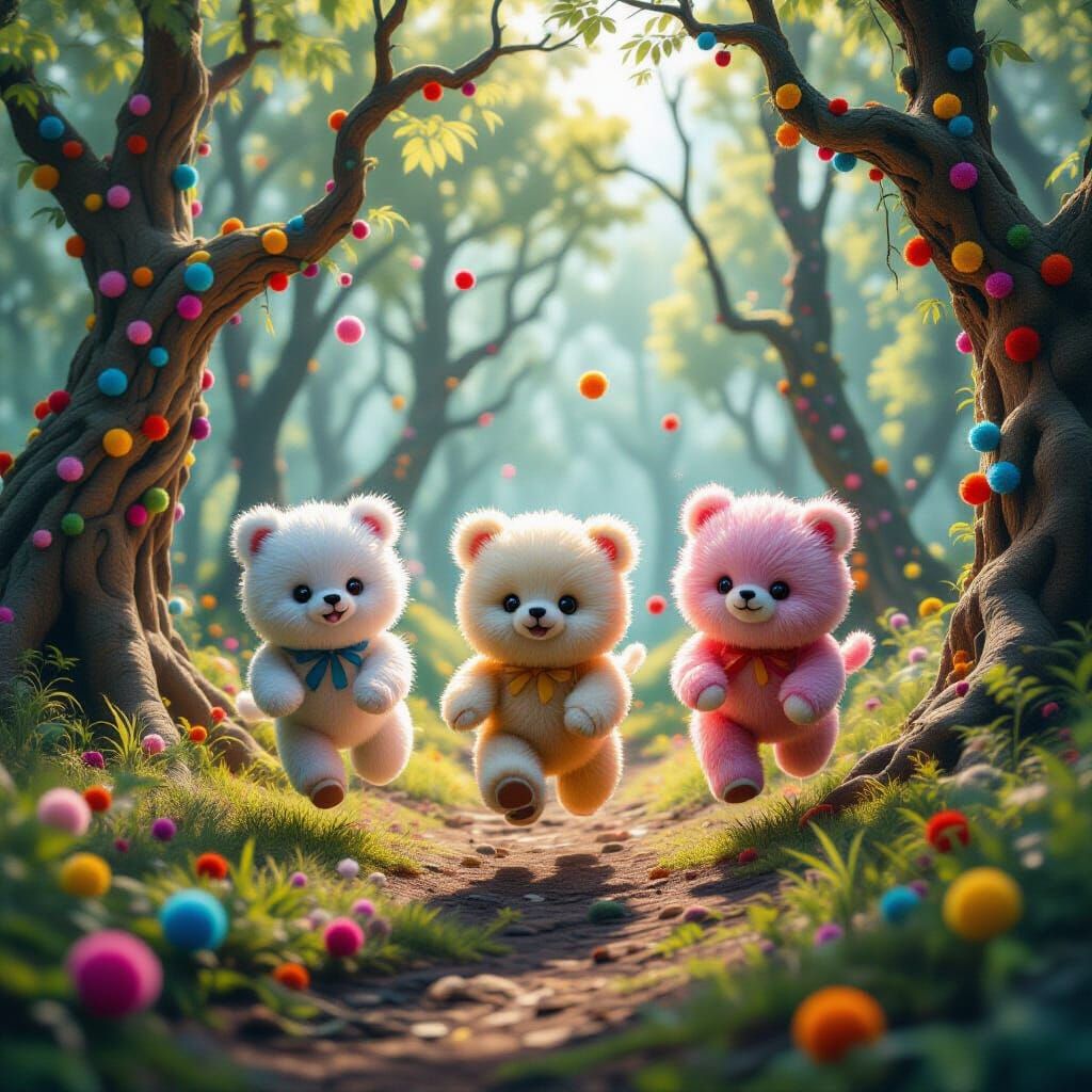 Fluffy Pom Pom Animals in a Fantasy Forest