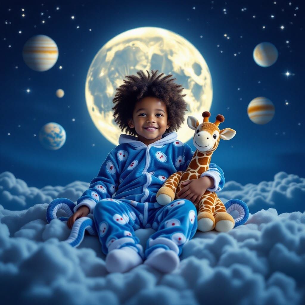 Boy in Octopus Pajamas Floats with Giraffe Under Full Moon