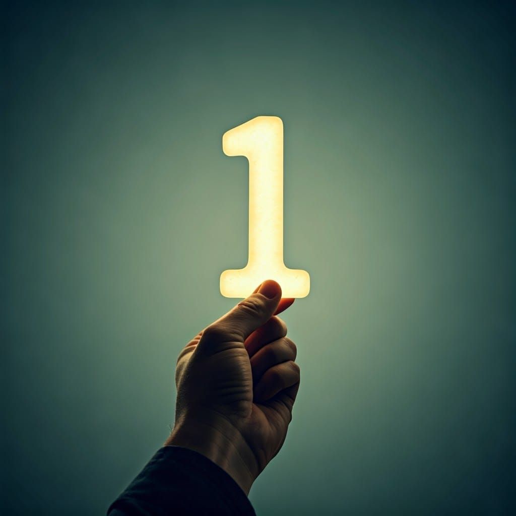 Realistic Portrait of Person Holding Single Numeral One in H...