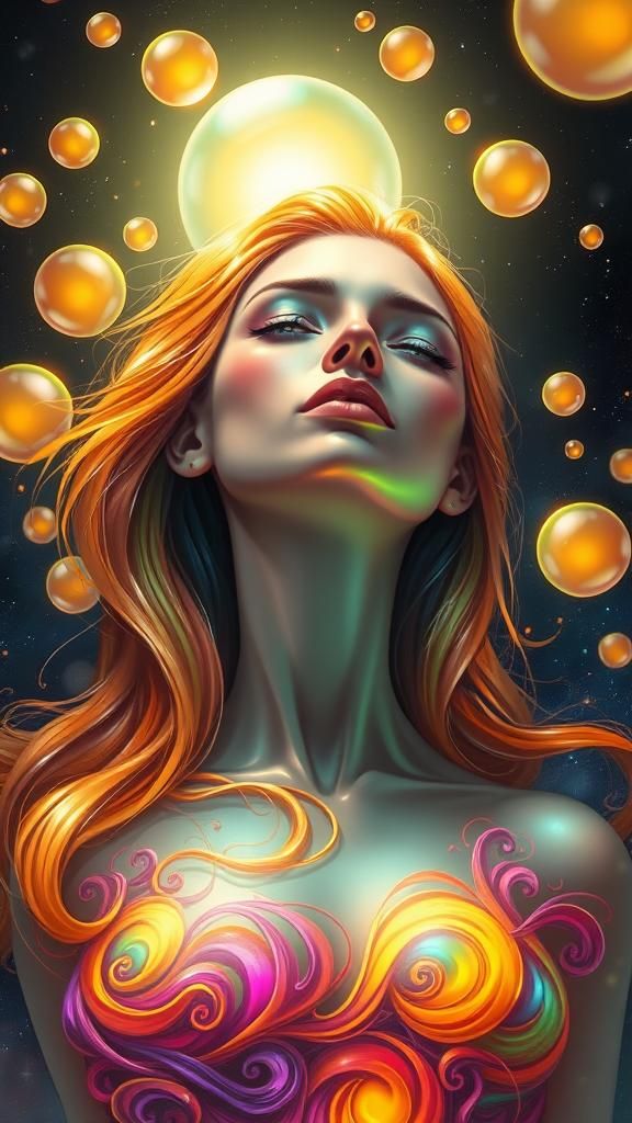 Ethereal Woman Gazing at Cosmic Bubbles