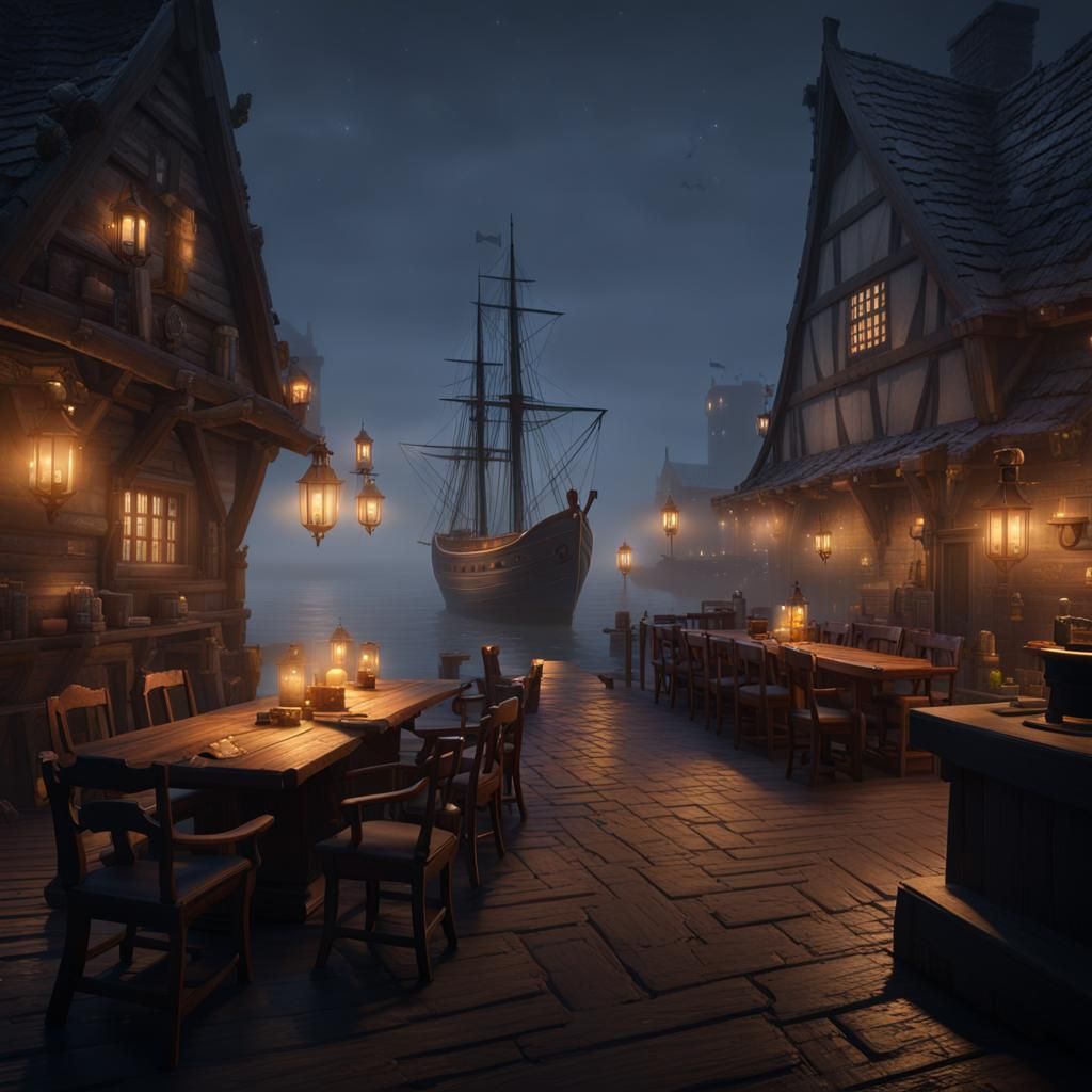 Misty Medieval Tavern at Port: 3D Game Art