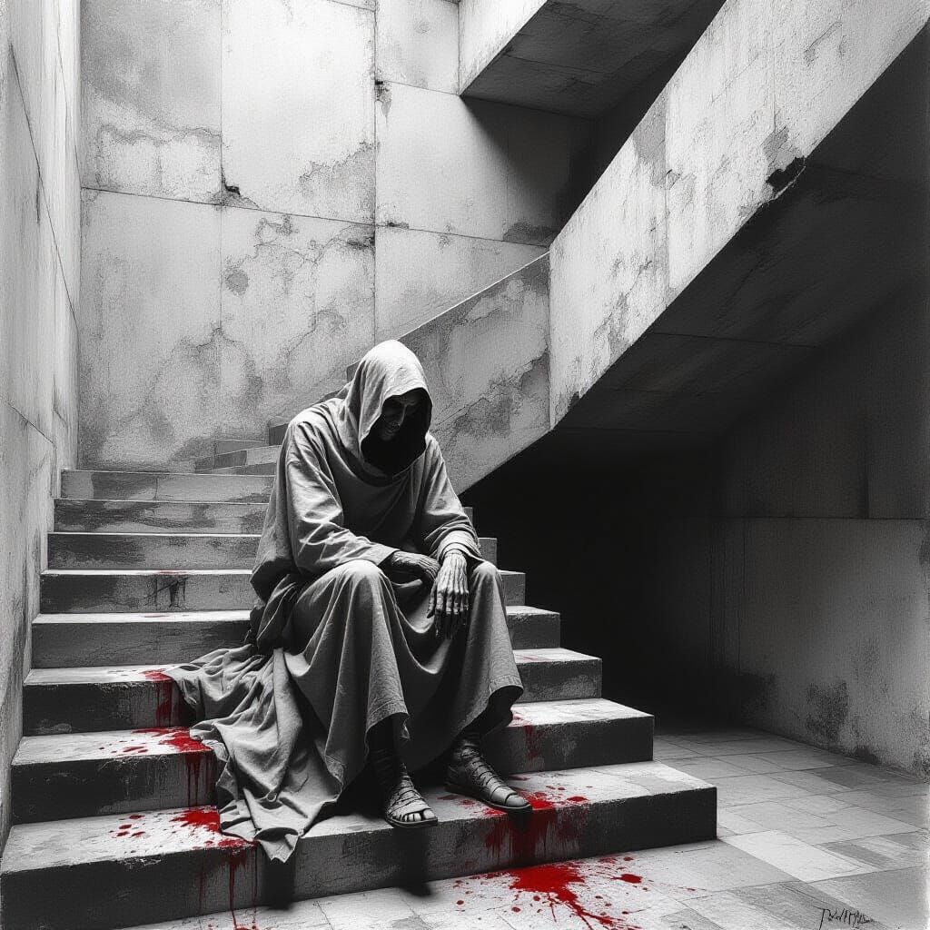 Gaunt Figure in Brutalist Labyrinth: Da Vinci-Inspired Drawi...