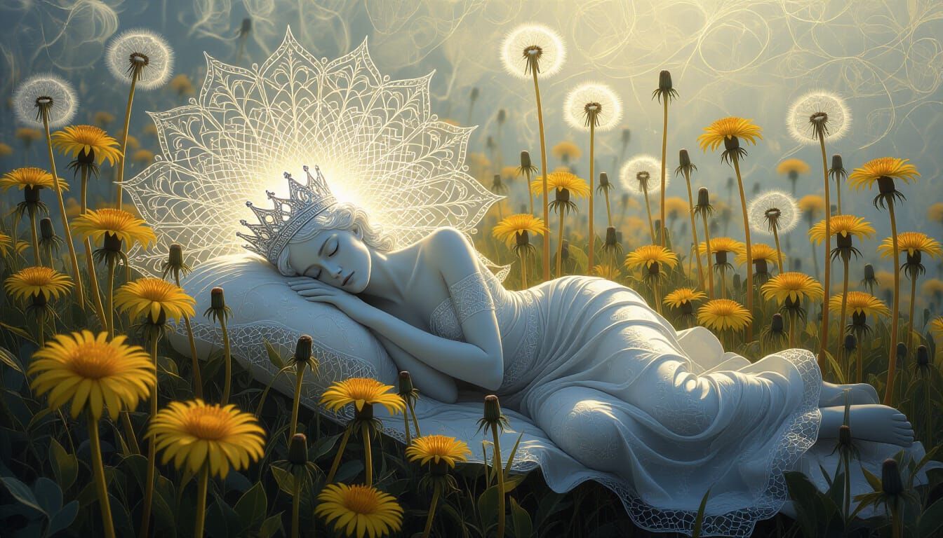 Ethereal Silver Prince Resting Among Dandelions