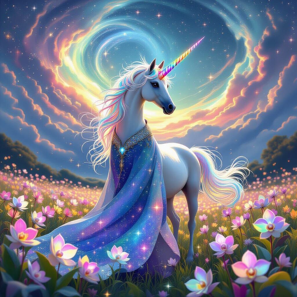 Celestial Unicorn with Galaxy Horn in Art Nouveau Style