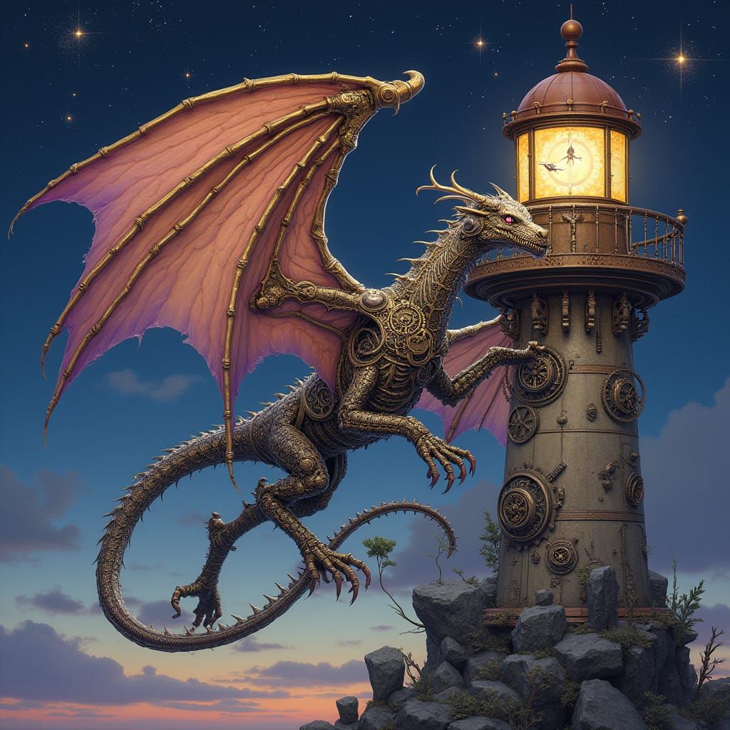 Steampunk Dragon on Clockwork Lighthouse, Art Nouveau Style