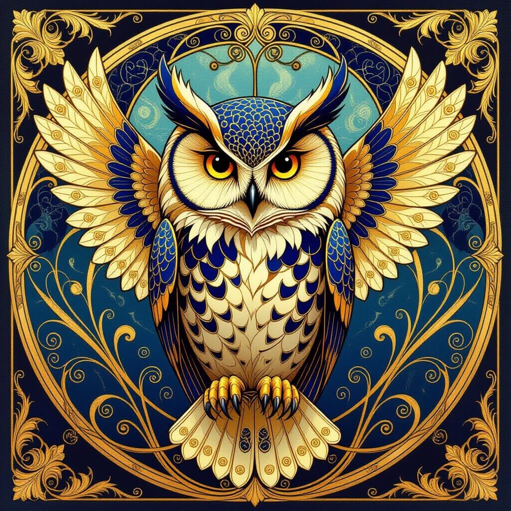 Majestic Owl in Art Nouveau Style with Gold and Lapis Lazuli