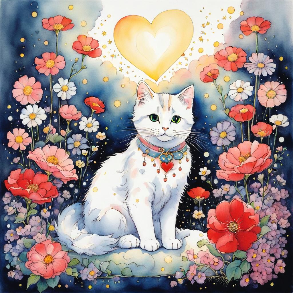 Cat Surrounded by Flowers in Amano-Inspired Style