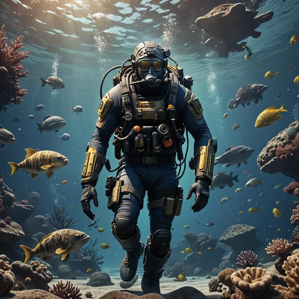 Navy Seal Underwater Exploration: Detailed Matte Painting