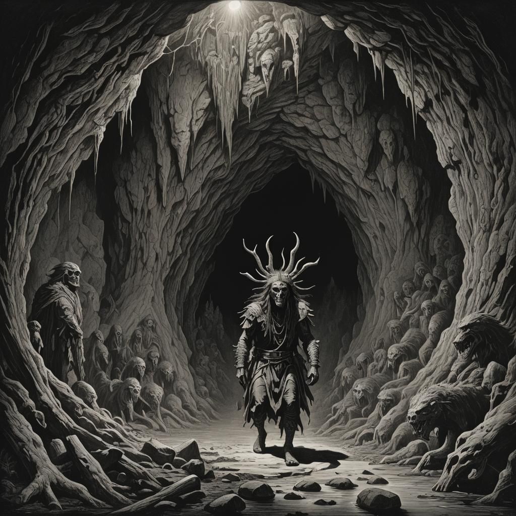 Horrific Skinwalker in Cave with Native American Iconography