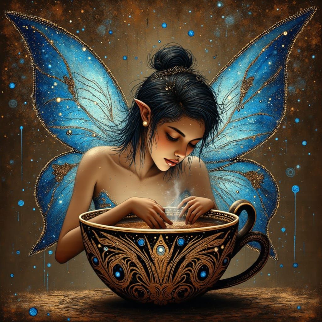 Ethereal Coffee Fairy with Lapis Lazuli Wings