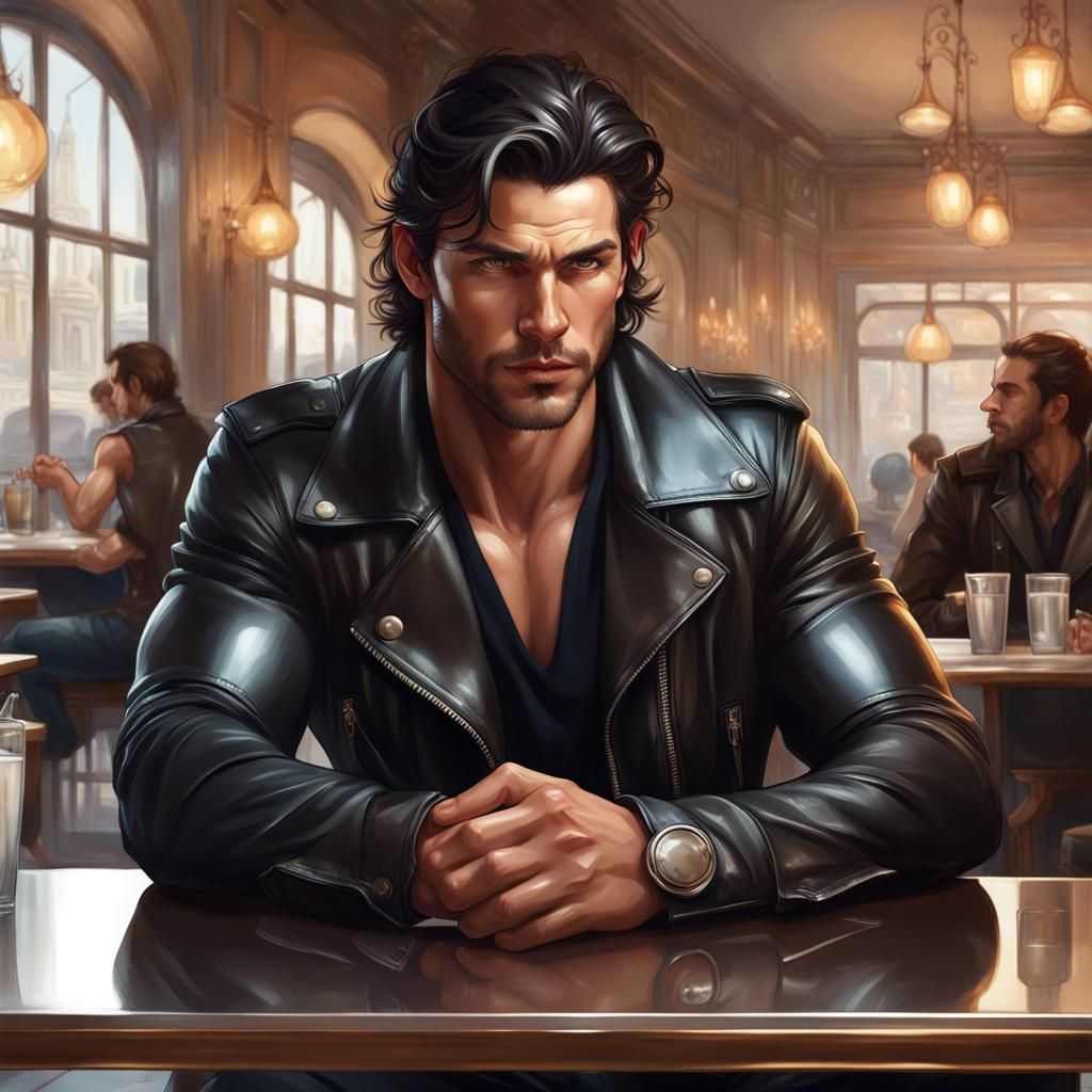 Handsome, masculine, muscular man. He has dark hair and is wearing a shiny black leather jacket. He is sitting at an emp...