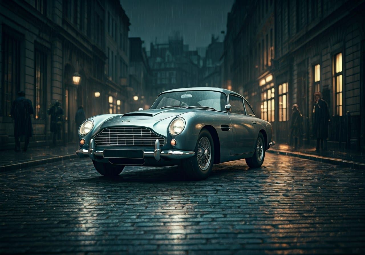 Aston Martin DB4 in Rainy Film Noir Scene