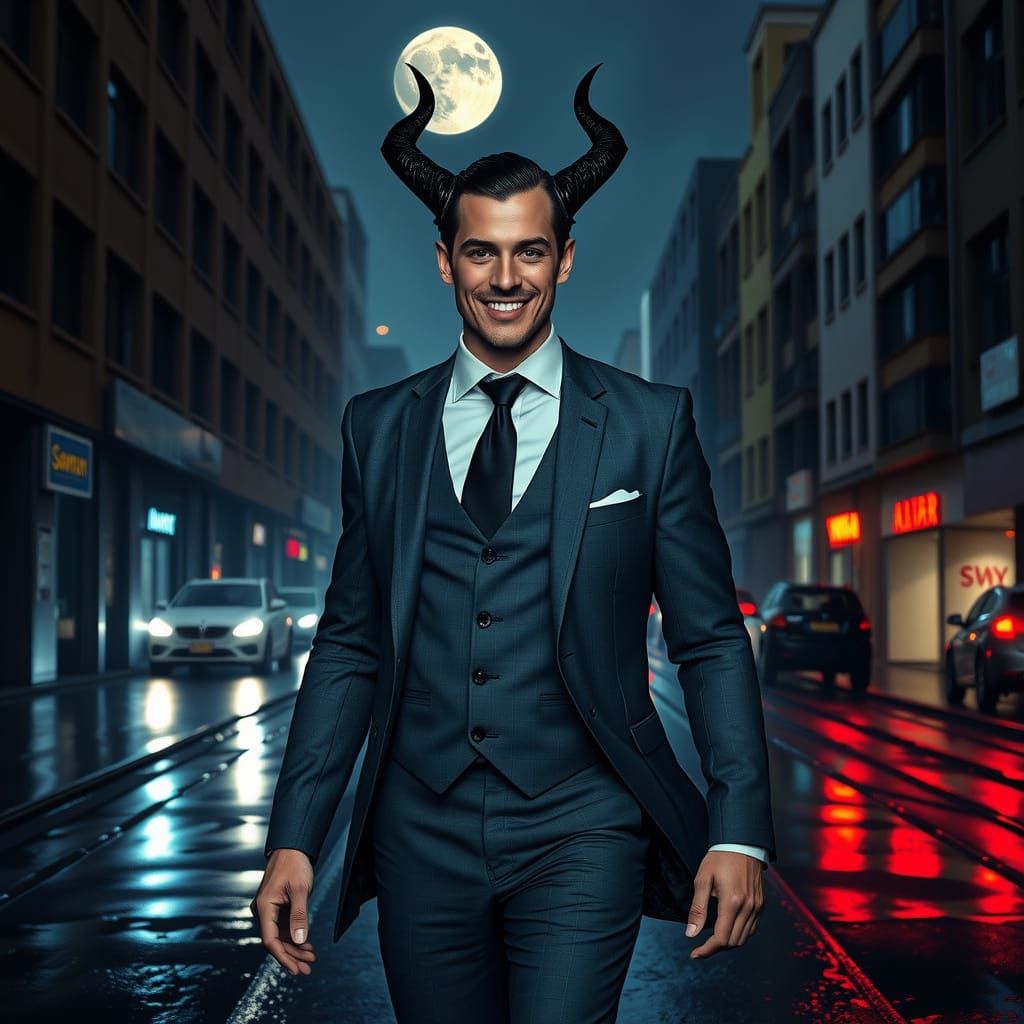 Mysterious Figure in Charcoal Grey Suit Strolls Under Full M...