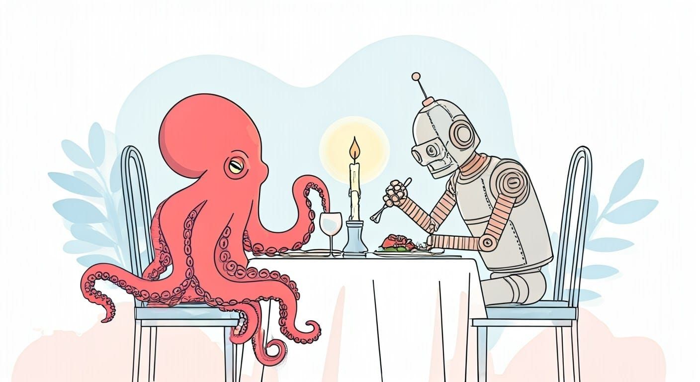 Romantic Robot and Octopus Date in Japandi Style