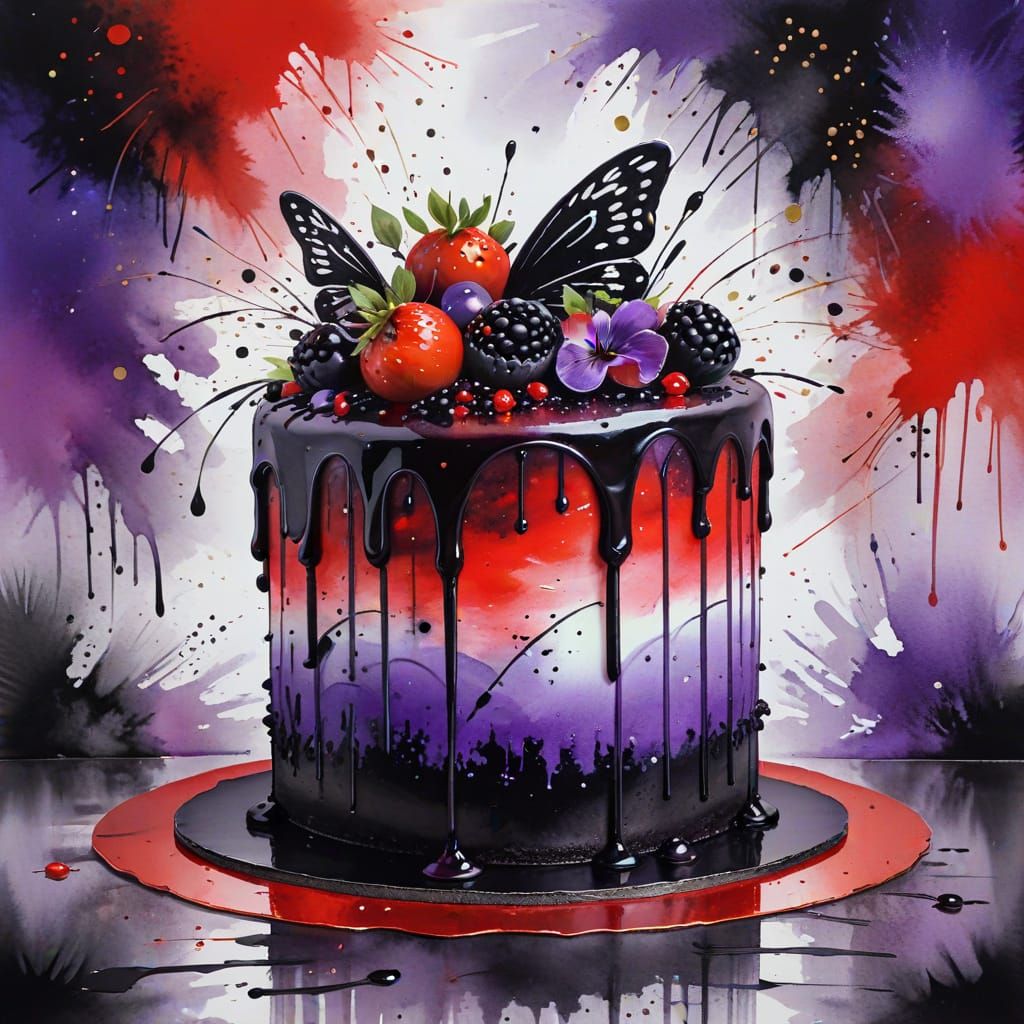 Chinese Ink Painting of a Magical Bakery Cake