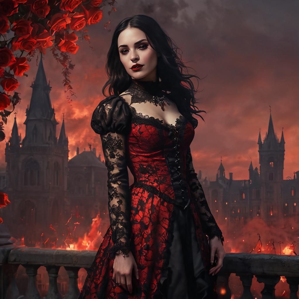 Vampire Girl in Gothic City: Dark Fantasy Art