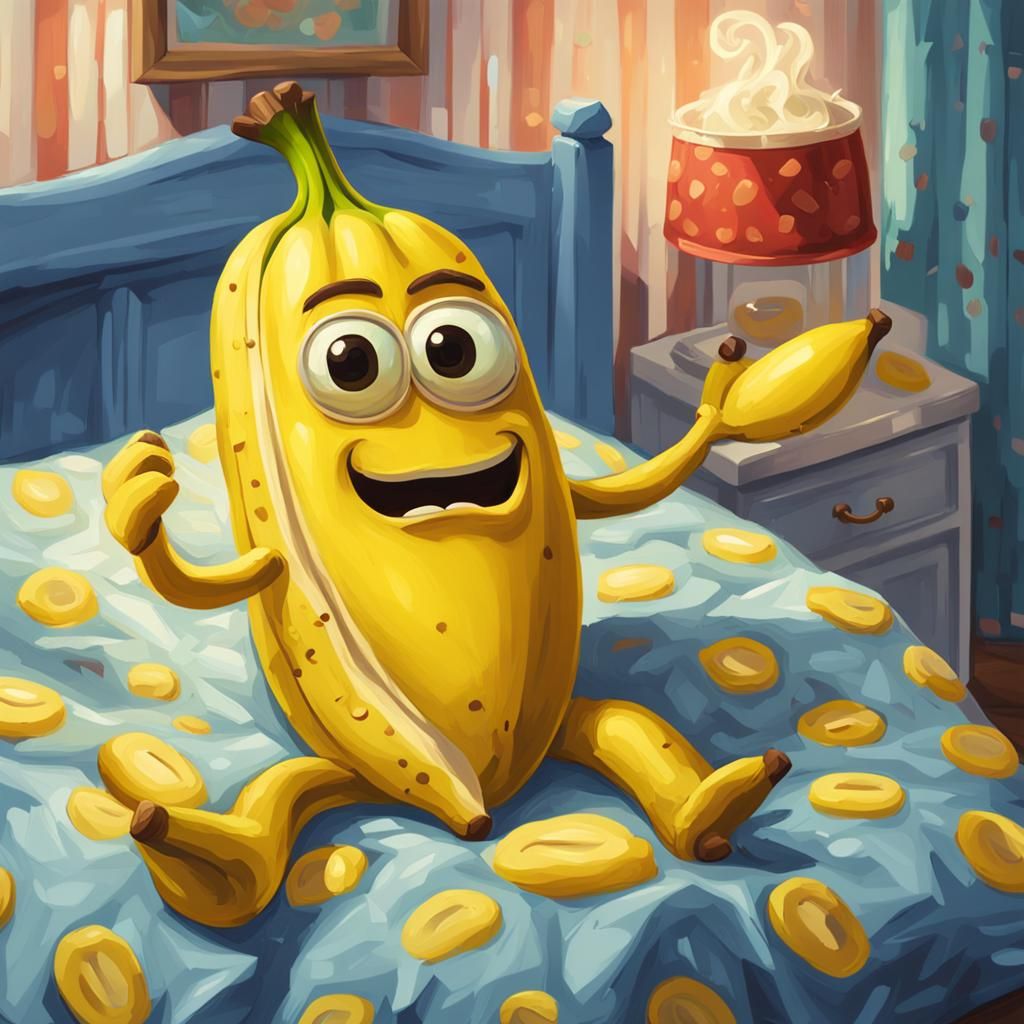 Sad Cartoon Banana in Bed: Oil Painting
