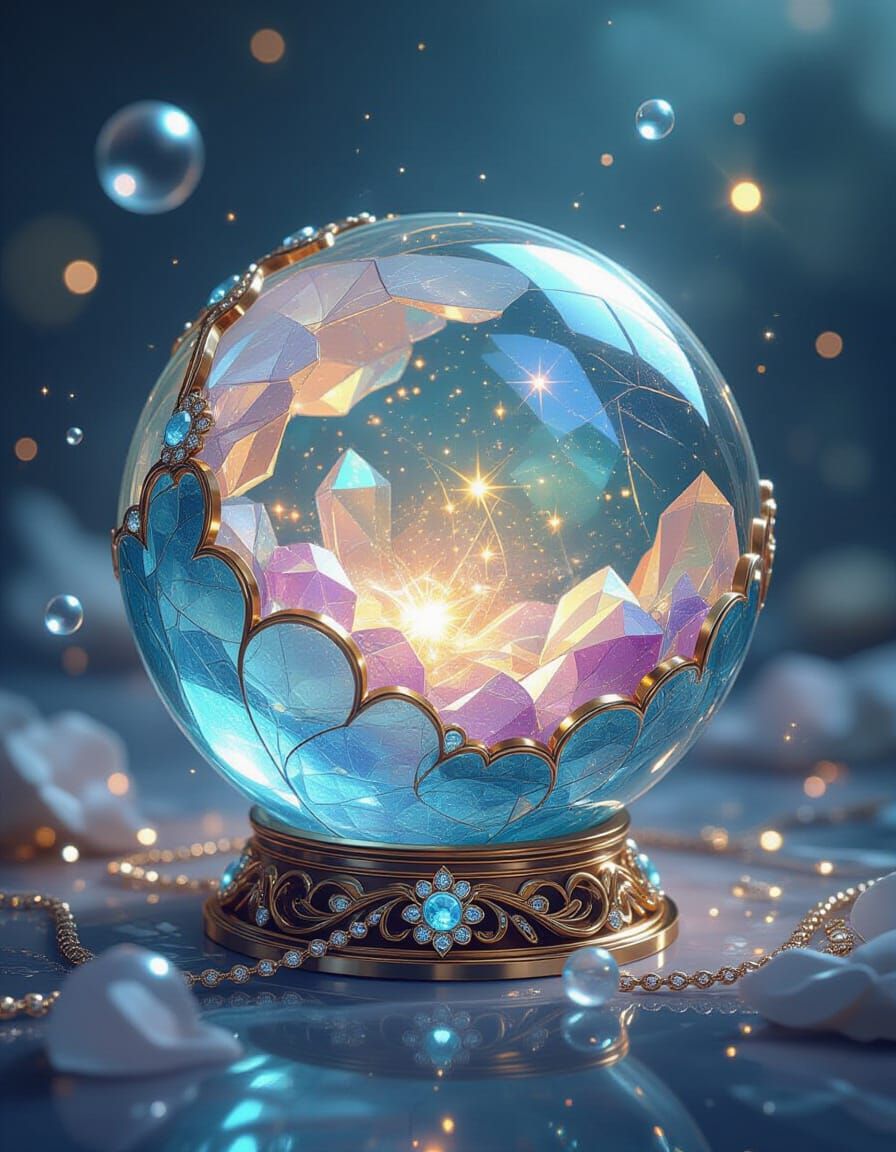 Aquamarine Sphere with Magical Lights and Jewelry
