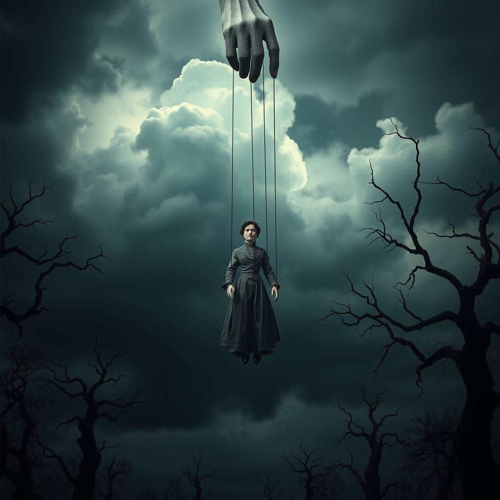 Eerie Hand Manipulates Marionette in Dreamscape