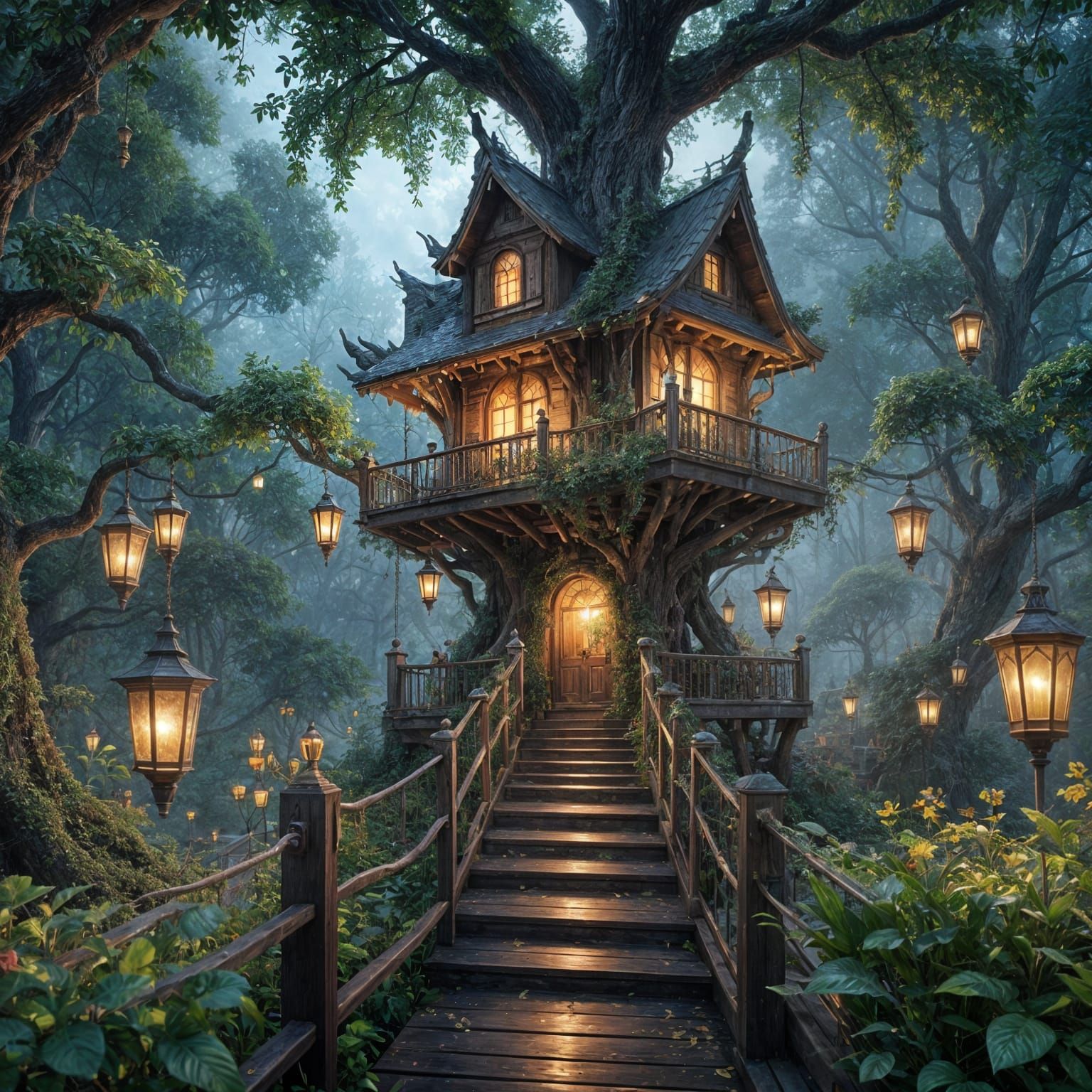 Whimsical Treehouse in Neo-Expressionist Style