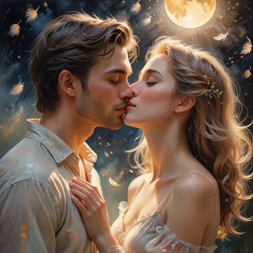 Romantic Moonlit Kiss in Soft Focus Oil Painting